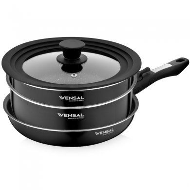 Набор из 2-х кастрюль и сковороды со съемной ручкой крышкой Vensal (), 5 предметов, алюминий - 2